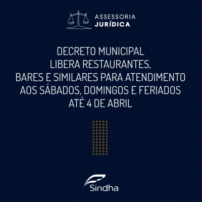 Liberada a abertura de restaurantes, bares e similares em sábados domingos e feriados