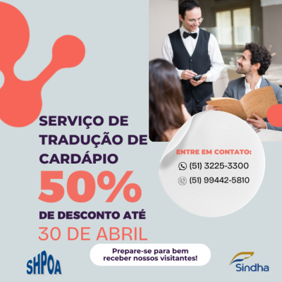 Sindha oferece serviço de tradução de cardápio com desconto de 50%.