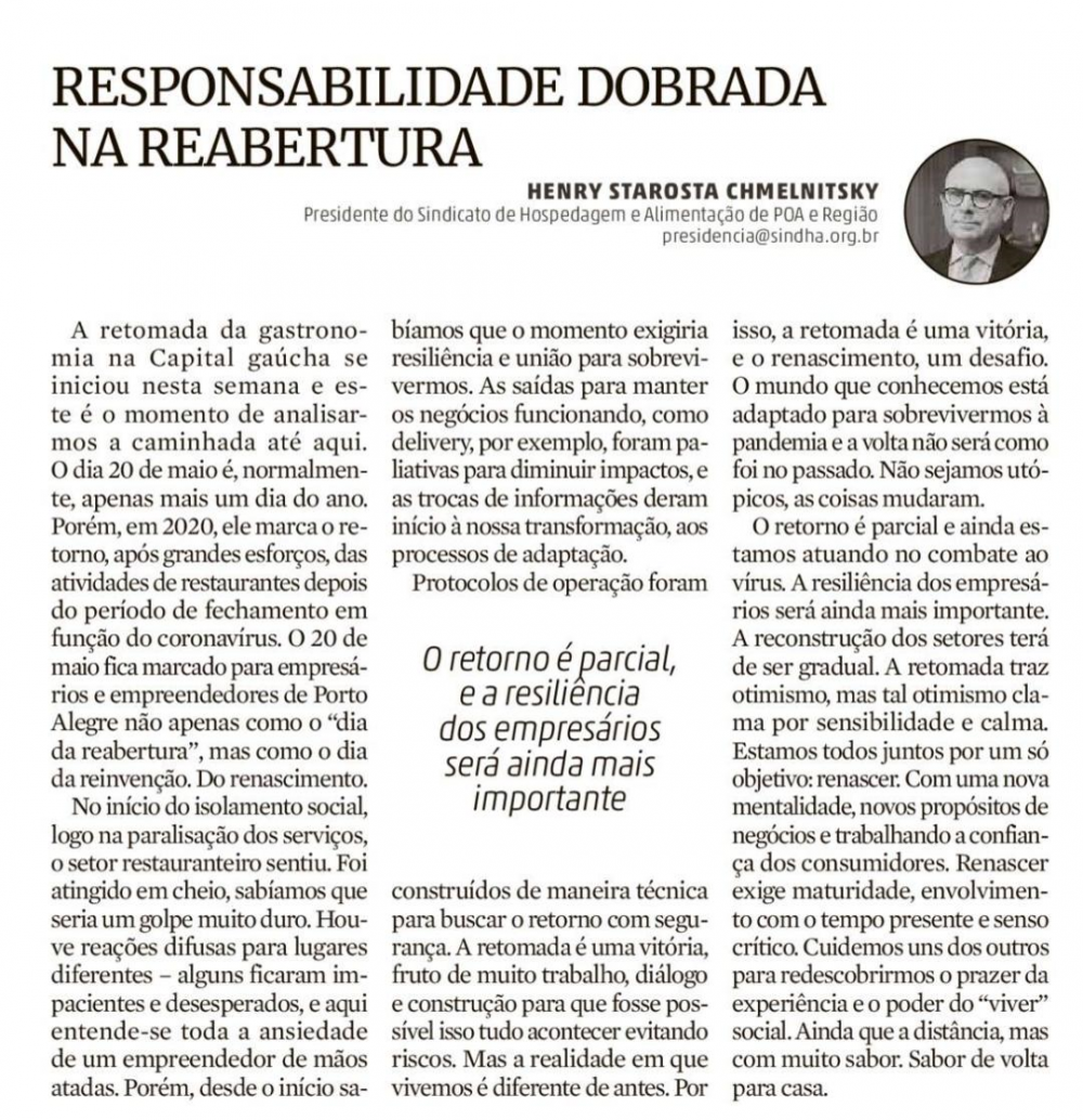 Confira a coluna do presidente do Sindha, "Responsabilidade dobrada na reabertura", na ZH deste final de semana