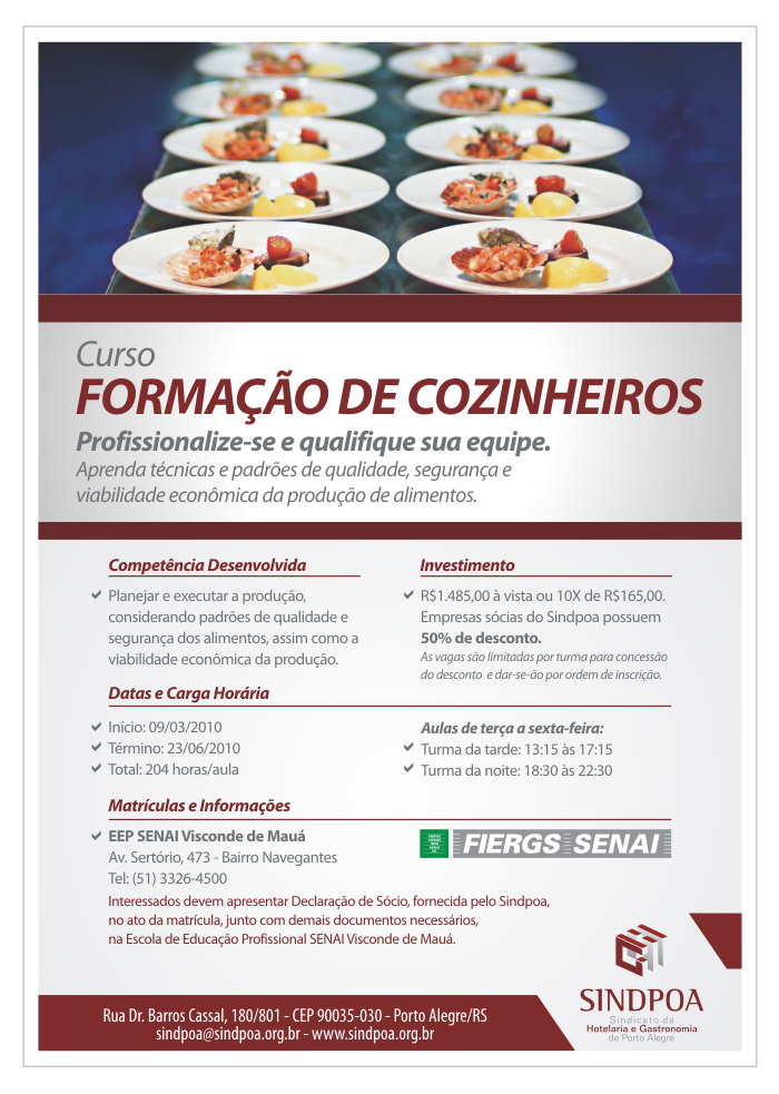 ÚLTIMOS DIAS PARA INSCRIÇÕES CURSO COZINHEIRO DO SENAI