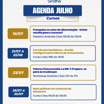 Confira a agenda de cursos e eventos do SINDHA para julho!